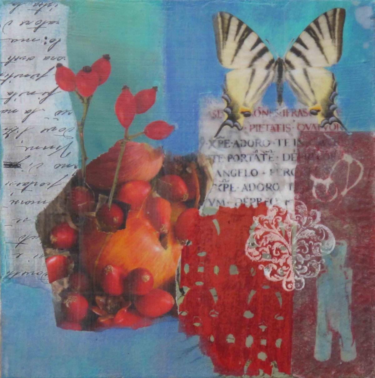 Florales I, 2013, Acryl, Collage, Wachs auf Leinwand, 30 x 30 cm